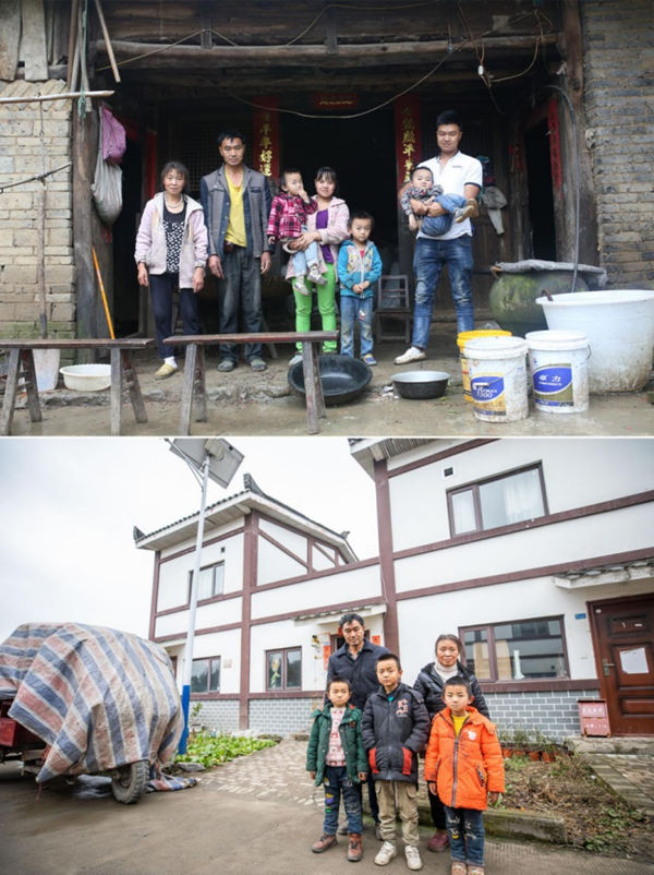 Feng Bangyong y su familia vivían en una casa declarada inhabitable (foto superior) en Dafang, provincia de Guizhou. Con la ayuda del gobierno local, la familia de Feng se reubicó en un hermoso pueblo. [Foto: Luo Dafu/ China Daily]
