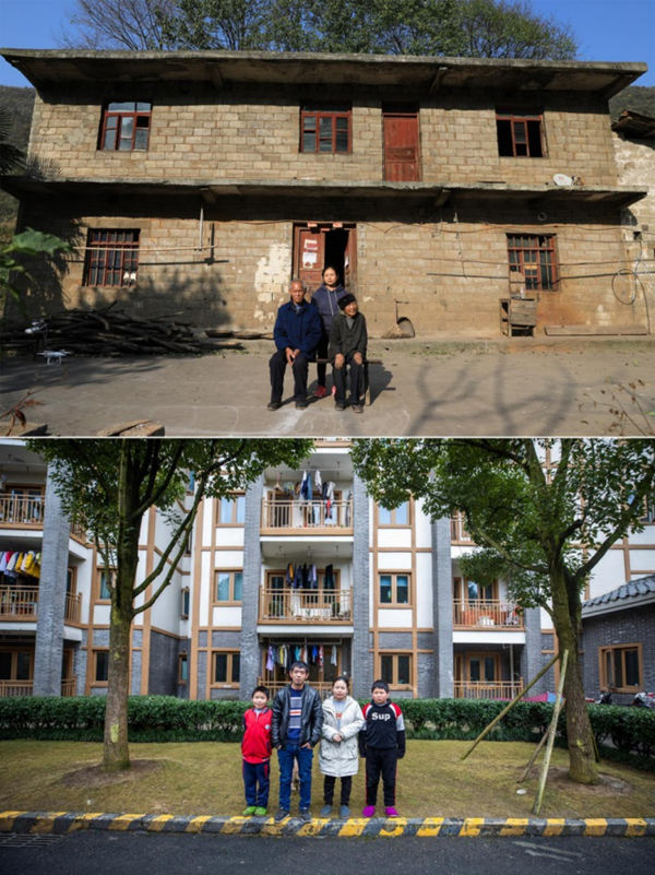 Una foto tomada en 2017 (foto superior) presenta a Shi Yuanjin con su familia frente a su antigua casa de Dafang, en Guizhou. Ahora, Shi vive en una casa nueva en un área de reubicación. [Foto: Luo Dafu/ China Daily]