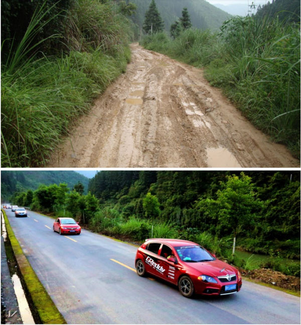 Una foto tomada en 2008 (superior) testimonia el mal estado del camino de la aldea Guili, en Rongjiang, provincia de Guizhou. Una foto posterior, tomada en mayo del 2014, evidencia la calidad de la nueva carretera. [Foto: Li Changhua/ China Daily]