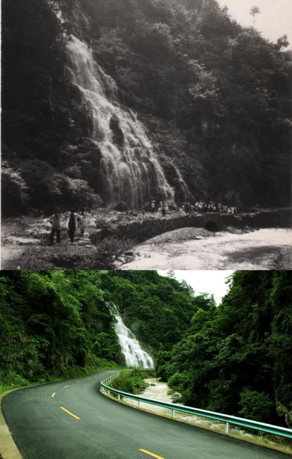 Foto tomada en junio de 1997 (superior) presenta una sección escarpada de la carretera de Rongjiang, provincia de Guizhou. La foto de contraste, tomada en junio del 2012, evidencia la calidad de la nueva carretera. [Foto: Li Changhua/ China Daily]