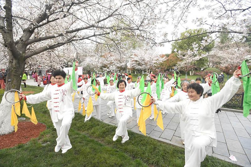 Foto tomada el 9 de marzo de 2021, muestra a aficionados del taichi, un antiguo arte marcial chino y ahora una forma popular de ejercicio, practicando movimientos de taichi bajo los cerezos en un parque en el distrito Jiang'an de Wuhan, capital de Hubei, en el centro de China. (Pueblo en Línea / Zhou Chao)