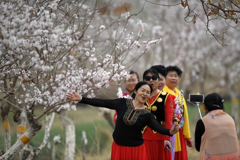 Visitantes posan para una foto en un parque agrícola de Luntai, Región Autónoma de Xinjiang Uygur, 27 de marzo del 2021. (Foto: Pueblo en Línea /Chue Hurre)