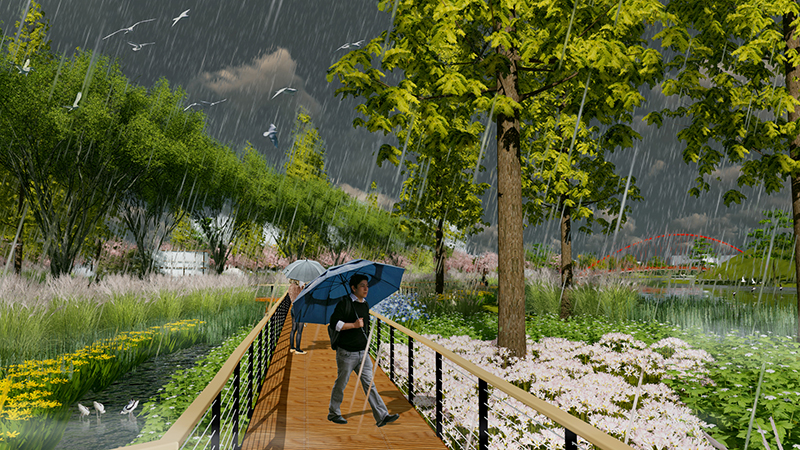 Descrito como el parque de esponjas más grande de la ciudad que reutiliza el agua de lluvia, el nuevo parque del Área Especial de Lingang en la Nueva Área de Pudong de Shanghai estará abierto al público de forma gratuita este mes. [Foto proporcionada a chinadaily.com.cn]