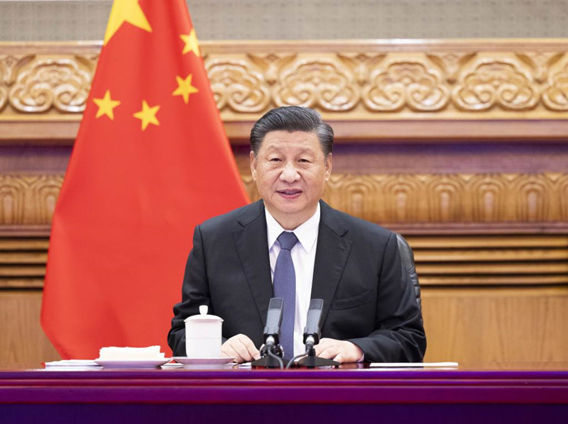 BEIJING, 5 julio, 2021 (Xinhua) -- El presidente chino, Xi Jinping, celebra una cumbre virtual con el presidente de Francia, Emmanuel Macron, y con la canciller de Alemania, Angela Merkel, en Beijing, capital de China, el 5 de julio de 2021. (Xinhua/Huang Jingwen)