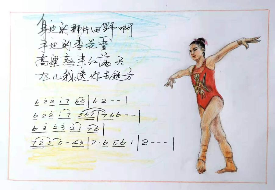 Tang Xinkun dibuja a Tang Xijing durante la rodan clasificatoria en gimnasia femenina para los Juegos Olímpicos de Tokío 2020. A la izquierda se muestra la letra que seleccionó como fondo musical para su ejecución en gimnasia artística. [Foto: proporcionada a China Daily]