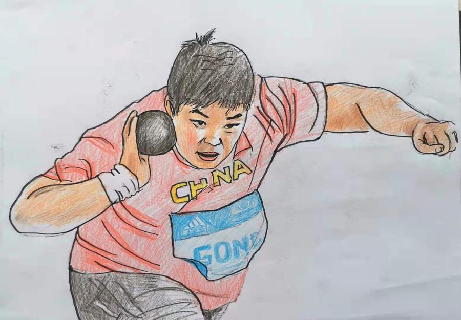 Tang Xinkun dibuja a Gong Lijiao, medallista de oro en el lanzamiento de la bala en Tokío 2020. [Foto: proporcionada a China Daily]