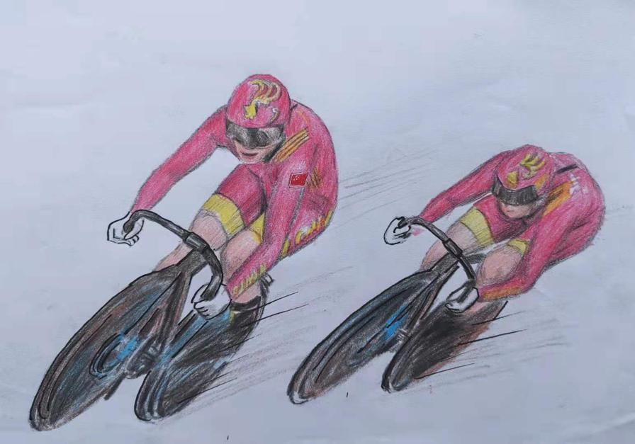 Tang Xinkun dibuja a las ciclistas chinas Zhong Tianshi y Bao Shanju durante el sprint por equipos en Tokío 2020. [Foto: proporcionada a China Daily]