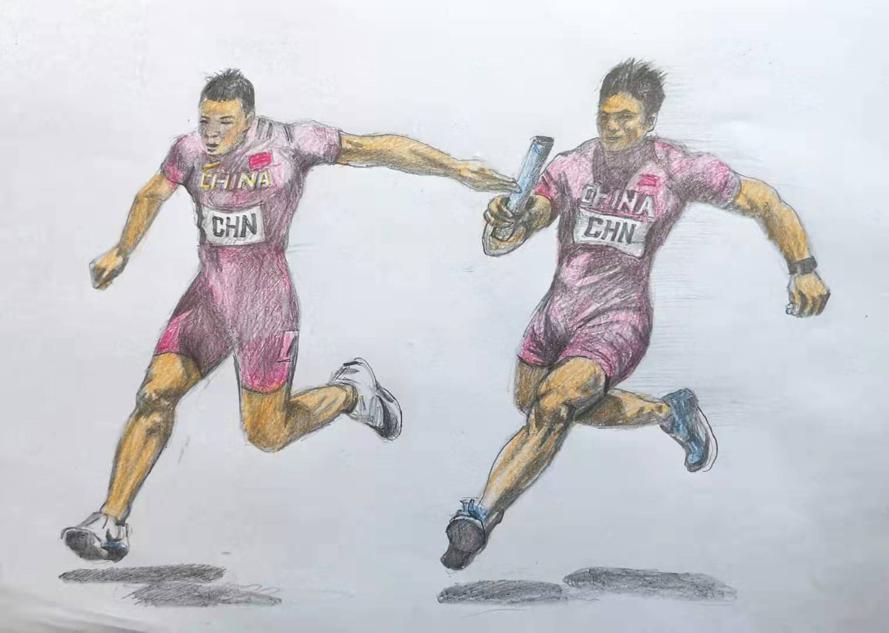 Tang Xinkun dibuja a Su Bingtian (a la derecha) y a Wu Zhiqiang durante la final masculina de relevos 4x100m en Tokío 2020. [Foto: proporcionada a China Daily]