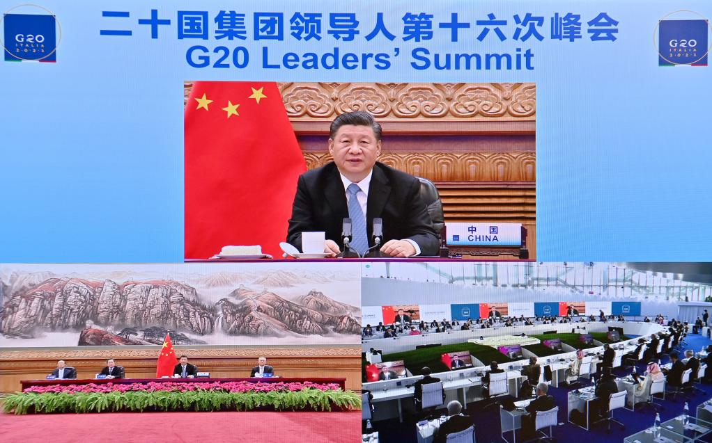 BEIJING, 31 octubre, 2021 (Xinhua) -- El presidente chino, Xi Jinping, asiste a la XVI Cumbre de Líderes del G20 a través de un videoenlace, en Beijing, capital de China, el 31 de octubre de 2021. (Xinhua/Yue Yuewei)