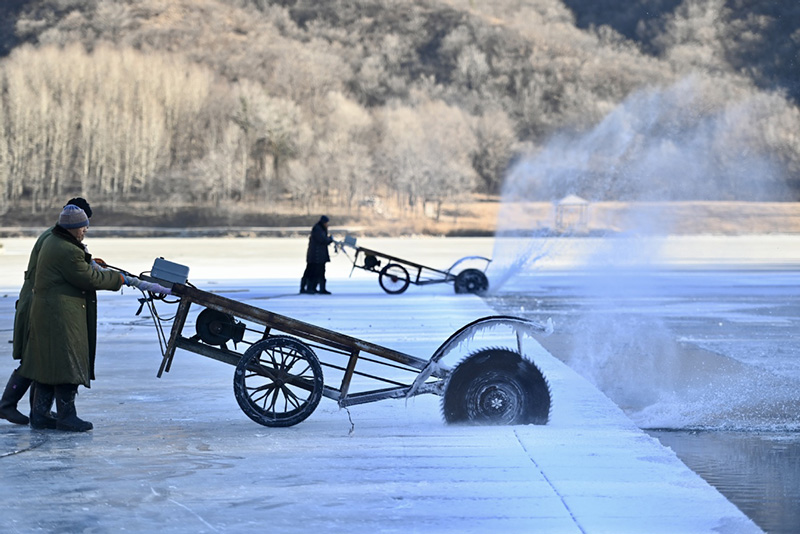 Trabajadores cortan hielo en un lago de Yudushan, Yanqing, Beijing, 28 de diciembre del 2021. [Foto: Wei Xiaohao/ China Daily]