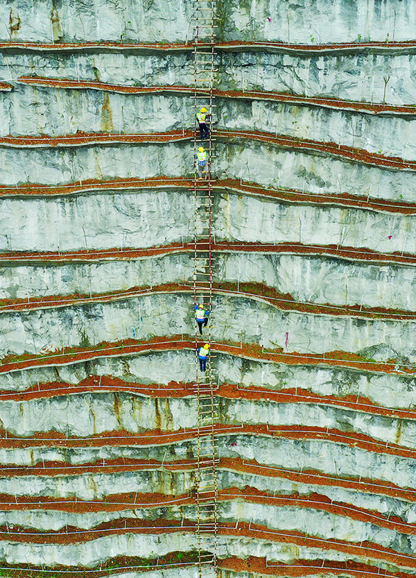 Foto tomada en marzo de 2021 muestra a trabajadores subiendo una escalera para subir a las plataformas para plantar árboles jóvenes. (Foto / Li Hanchi)