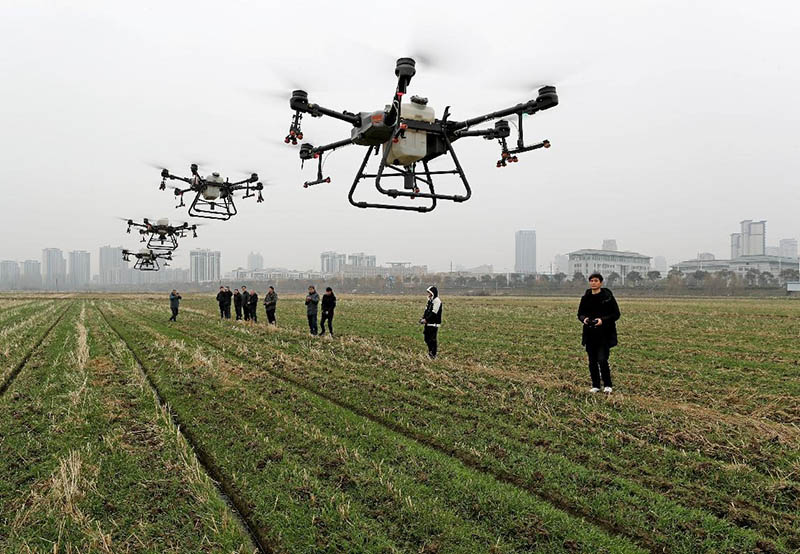 Técnicos de una cooperativa agrícola en el condado de Quanjiao, Chuzhou, provincia de Anhui, prueban drones agrícolas, 12 de febrero del 2022. (Foto: Shen Guo/ Diario del Pueblo)