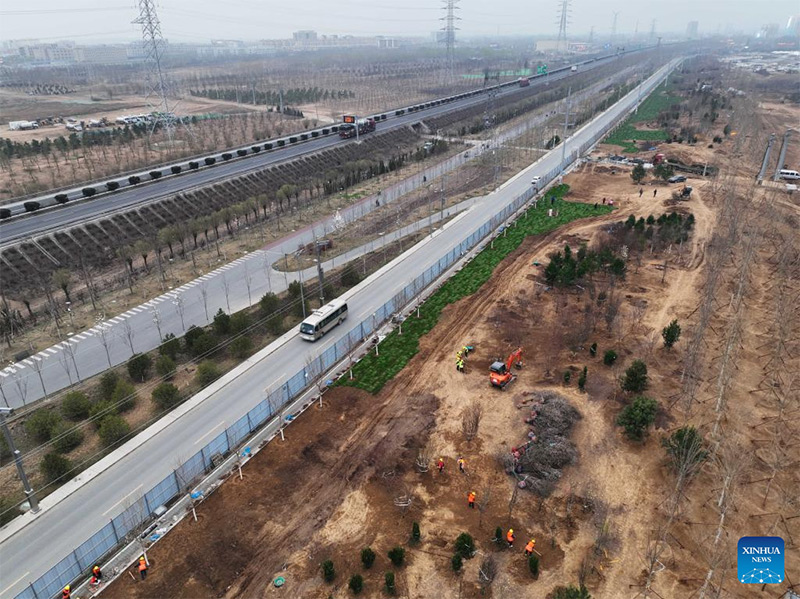 La foto aérea tomada el 29 de marzo del 2022 muestra el sitio de construcción de la calle Minglangnan en la Nueva Área de Xiongan, provincia de Hebei, China. [Foto: Xinhua]