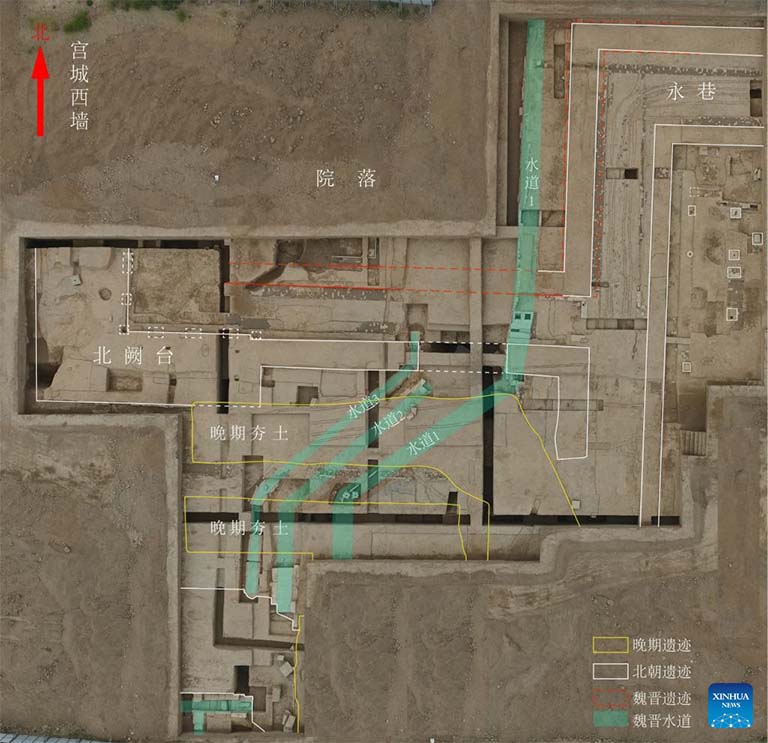 El diagrama esquemático proporcionado por el Instituto de Arqueología de la Academia de Ciencias Sociales de China muestra las ruinas de un antiguo palacio de la antigua ciudad de las dinastías Han (202 a. C.-220 d. C.) y Wei (220-265) en Luoyang, provincia de Henan, en el centro de China. (Instituto de Arqueología de la Academia China de Ciencias Sociales/Folleto a través de Xinhua)