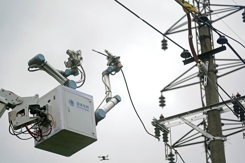 Un robot desarrollado en el país trabaja este viernes en líneas eléctricas aéreas en el distrito Qingshan de Wuhan, provincia de Hubei. [Foto: proporcionada a chinadaily.com.cn]
