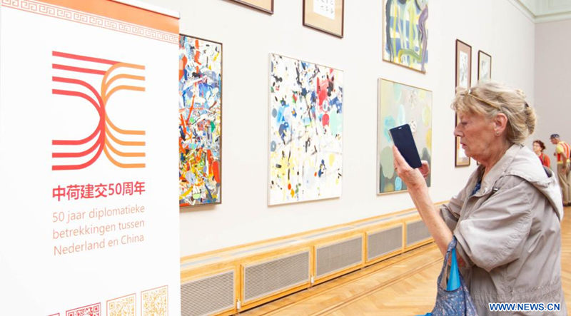 Imagen del 6 de agosto de 2022 de una visitante observando las exhibiciones en una exposición de arte chino-holandés realizada para conmemorar el 50 aniversario de los lazos diplomáticos entre China y Holanda, en La Haya, Holanda. Organizada conjuntamente por el Centro Cultural de China en La Haya y el Estudio Pulchri, la exposición cuenta con 50 obras de arte en las que los artistas de cada país aportan 25 obras. Las obras incluyen pinturas tradicionales y contemporáneas, caligrafía, esculturas e instalaciones artísticas. (Xinhua/Sylvia Lederer)