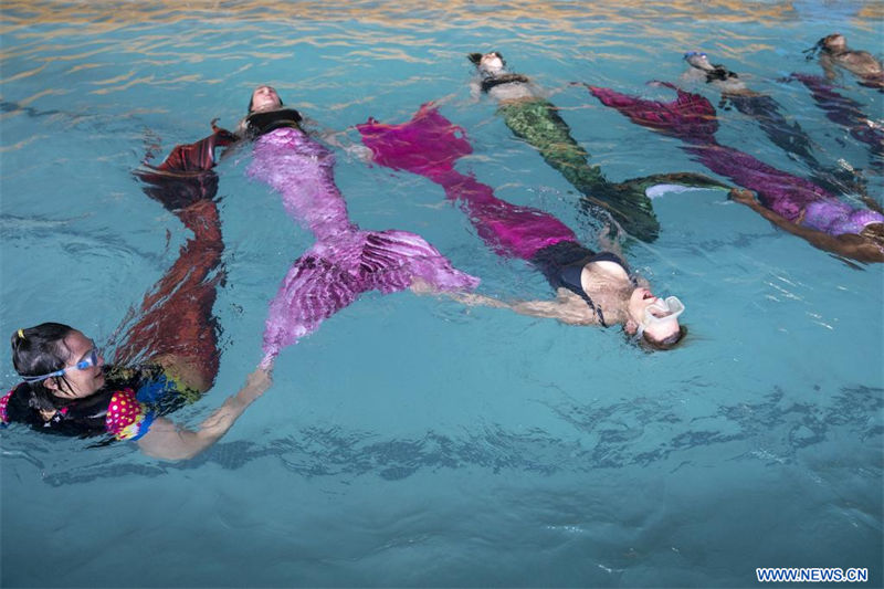 Imagen del 26 de agosto de 2022 de aprendices practicando natación de sirena en la "Merschool", en Johannesburgo, Sudáfrica. En la "Merschool" de Johannesburgo, los cursos de natación de sirena son cada vez más populares entre los sudafricanos. Vestidos como sirenas y tritones, se espera que los aprendices dominen tanto las técnicas de natación artística como los gestos de las sirenas. (Xinhua/Shiraaz Mohamed)