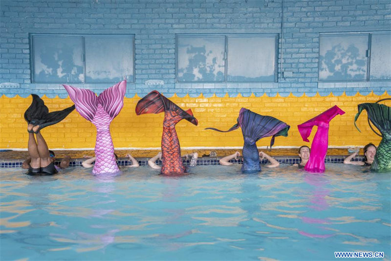 Imagen del 26 de agosto de 2022 de aprendices practicando natación de sirena en la "Merschool", en Johannesburgo, Sudáfrica. En la "Merschool" de Johannesburgo, los cursos de natación de sirena son cada vez más populares entre los sudafricanos. Vestidos como sirenas y tritones, se espera que los aprendices dominen tanto las técnicas de natación artística como los gestos de las sirenas. (Xinhua/Shiraaz Mohamed)