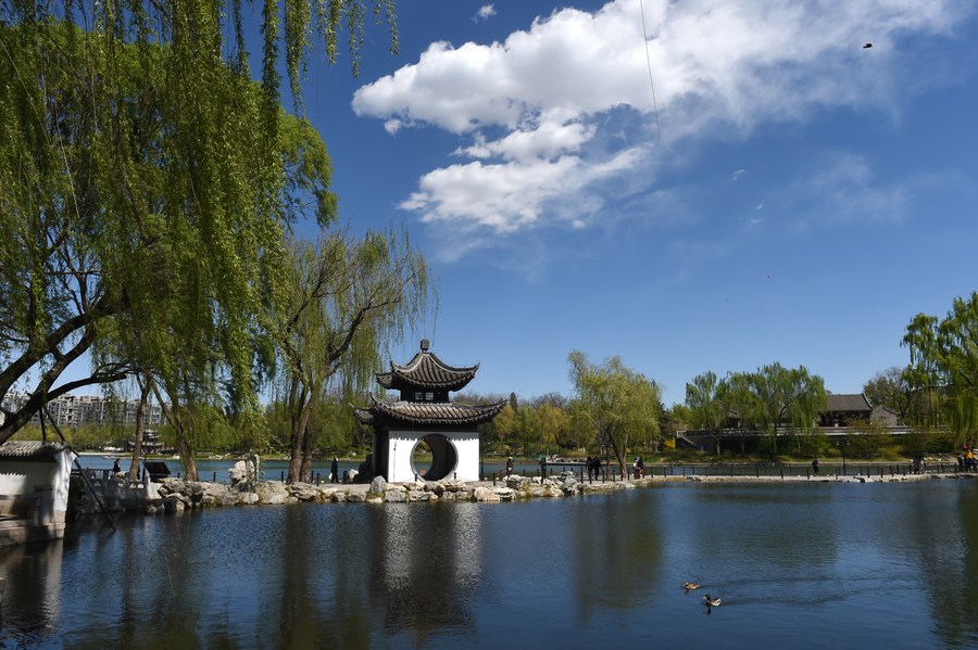 Vista de uno de los paisajes del parque Taoranting bajo el cielo azul, en Beijing, la capital de China, el 7 de abril de 2023. (Xinhua/Luo Xiaoguang)