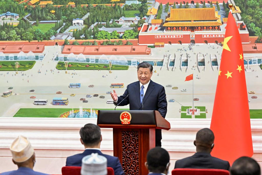 Chinese President Xi Jinping delivers a speech after receiving the credentials of 70 ambassadors to China at the Great Hall of the People in Beijing, capital of China, April 24, 2023.