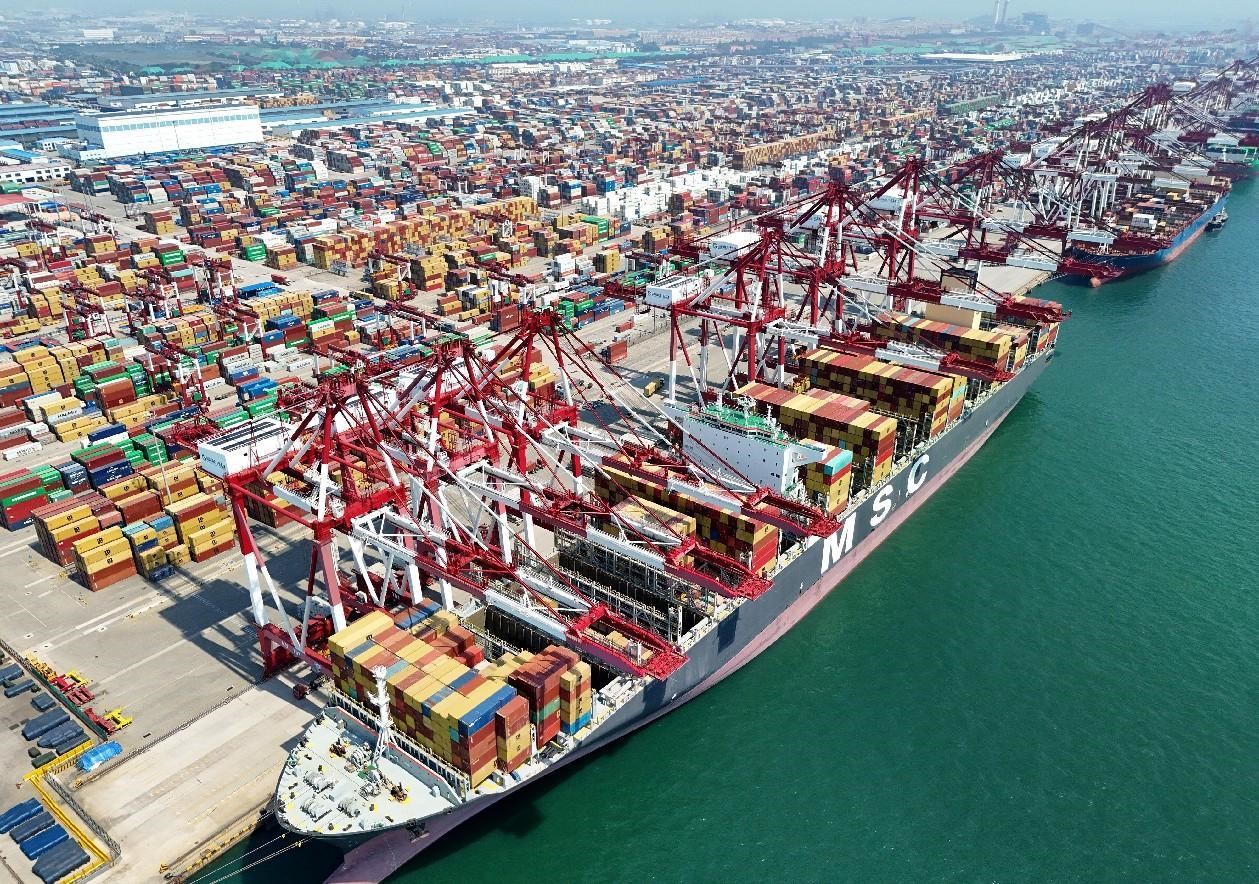 Docenas de barcos cargan y descargan en una terminal del puerto de Qingdao, provincia de Shandong, 10 de agosto del 2023. (Foto: Zhang Jin'gang/ Diario del Pueblo Digital)