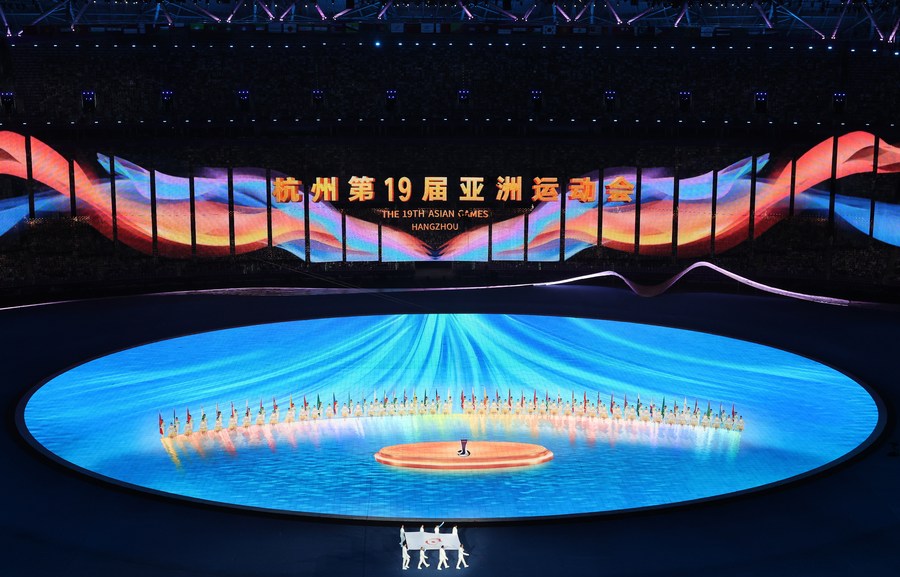 Imagen del 23 de septiembre de 2023 de la ceremonia de inauguración de los XIX Juegos Asiáticos, en Hangzhou, en la provincia de Zhejiang, en el este de China. (Xinhua/Hu Huhu)
