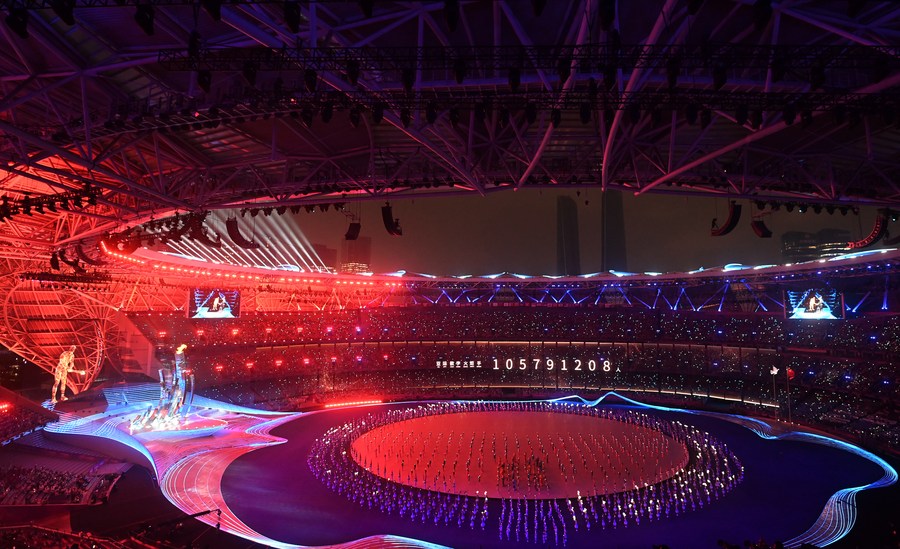 Vista de la ceremonia de inauguración de los XIX Juegos Asiáticos, en Hangzhou, provincia de Zhejiang, en el este de China, el 23 de septiembre de 2023. (Xinhua/Xu Yu)