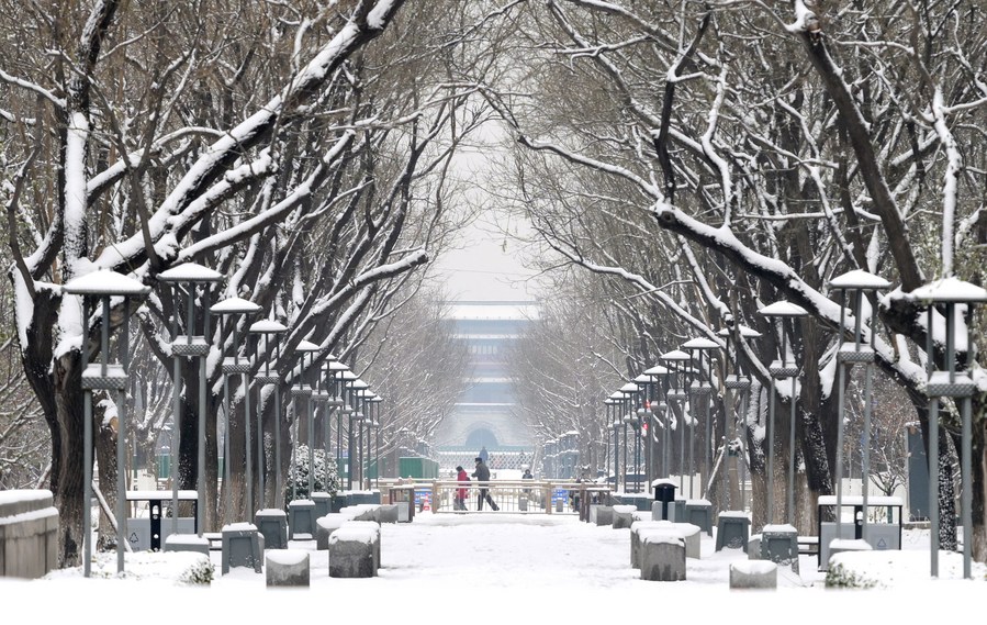 La foto, tomada el 11 de diciembre de 2023, muestra el paisaje nevado del parque Yongdingmen en Beijing, capital de China. (Xinhua/Li He)