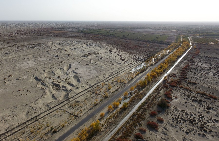 La imagen, captada el 21 de octubre de 2017, muestra una carretera rural en el curso bajo del río Tarim, en la región autónoma uygur de Xinjiang, al noroeste de China. (Xinhua/Zhao Ge)