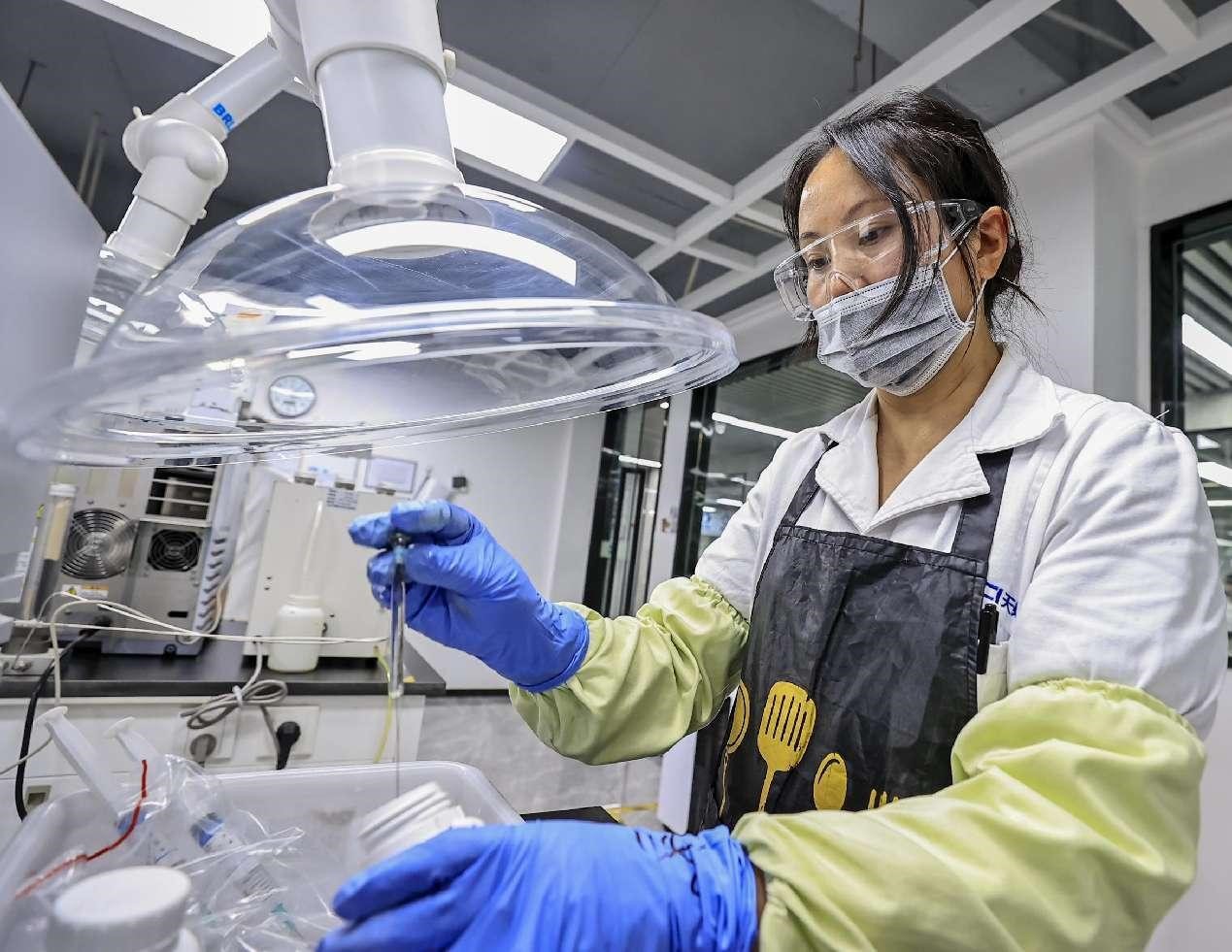 Un personal de I+D de una empresa de nuevos materiales en Jiujiang, provincia de Jiangxi, en el este de China, trabaja en un laboratorio de la empresa. (Foto de Wu Jiang/Diario del Pueblo digital)