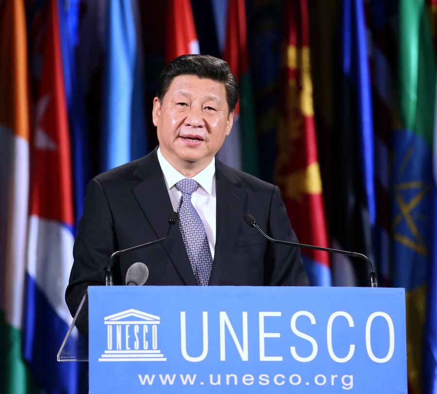El presidente chino, Xi Jinping, pronuncia un discurso en la sede de la Organización de las Naciones Unidas para la Educación, la Ciencia y la Cultura (UNESCO), en París, Francia, el 27 de marzo de 2014. (Xinhua/Yao Dawei)