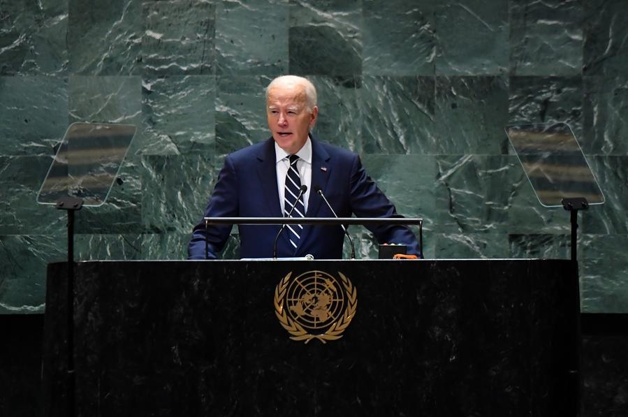 Imagen del 24 de septiembre de 2024 del presidente de Estados Unidos, Joe Biden, pronunciando un discurso durante el Debate General de la 79° sesión de la Asamblea General de Naciones Unidas (AGNU), en la sede de la ONU, en Nueva York. (Xinhua/Li Rui) 