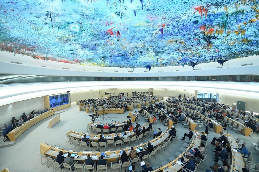 Imagen del 18 de junio de 2024 de delegados asistiendo a una reunión del 56º período de sesiones del Consejo de Derechos Humanos de de la Organización de las Naciones Unidas (ONU), en Ginebra, Suiza. (Xinhua/Lian Yi) 