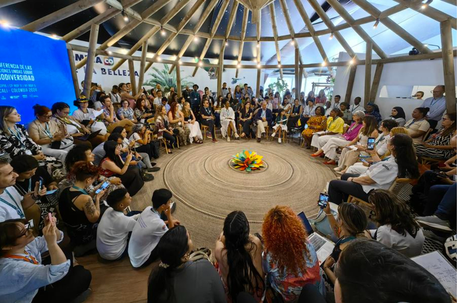 Imagen del 22 de octubre de 2024 de personas particpando en un evento en el pabellón de Colombia de la Zona Azul, en el marco de la decimosexta Conferencia de las Partes (COP16) sobre Diversidad Biológica en el Centro de Eventos Valle del Pacífico, en la ciudad de Cali, Colombia. (Xinhua/César Mariño)