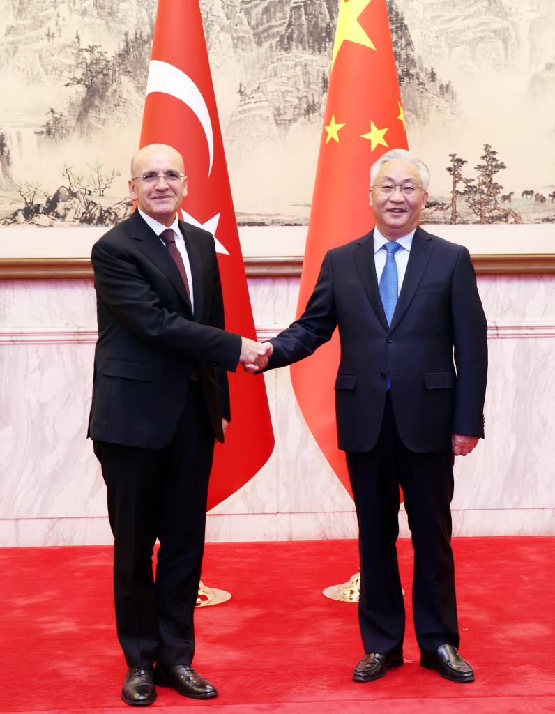 El vice primer ministro chino, Zhang Guoqing, también miembro del Buró Político del Comité Central del Partido Comunista de China, y Mehmet Simsek, ministro de Tesoro y Finanzas de Turquía, copresiden la segunda reunión del mecanismo del Comité de Cooperación Intergubernamental China-Turquía, en Beijing, capital de China, el 7 de noviembre de 2024. (Xinhua/Liu Weibing)