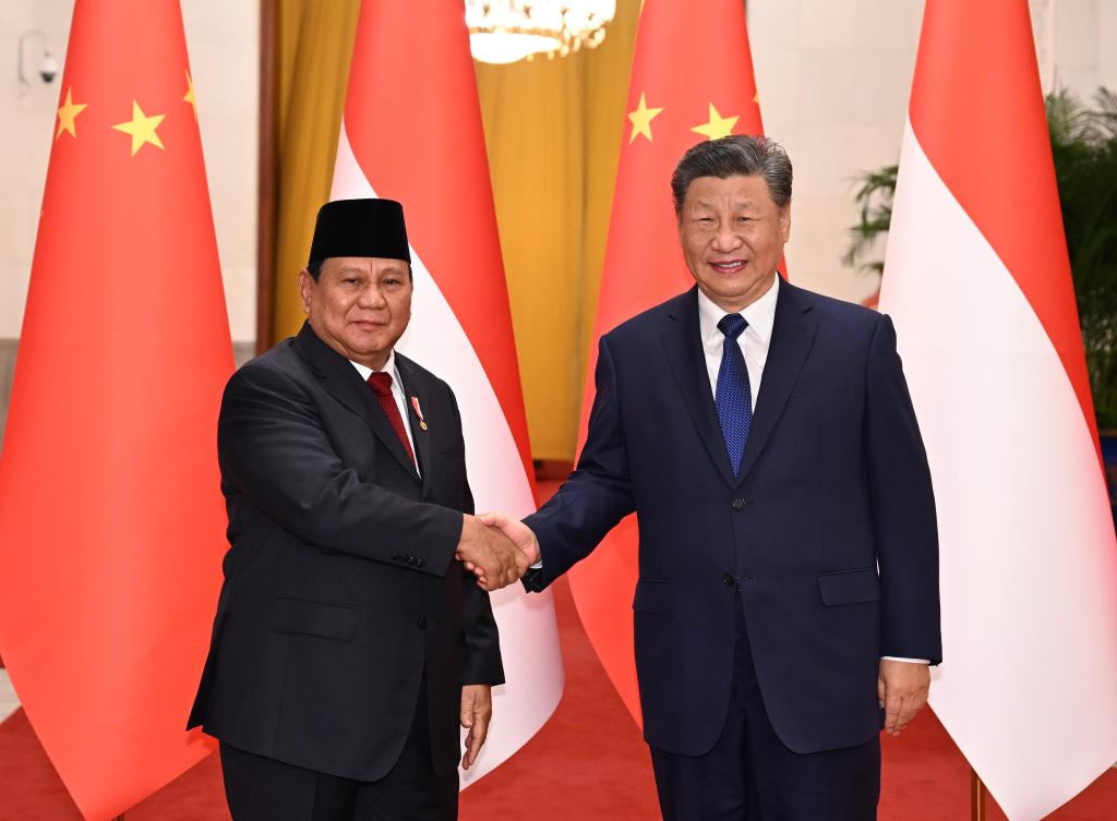 El presidente chino, Xi Jinping, estrecha la mano con el presidente indonesio, Prabowo Subianto, quien se encuentra en China en visita de Estado, en el Gran Palacio del Pueblo, en Beijing, capital de China, el 9 de noviembre de 2024. Xi sostuvo el sábado en Beijing conversaciones con Prabowo. (Xinhua/Xie Huanchi)