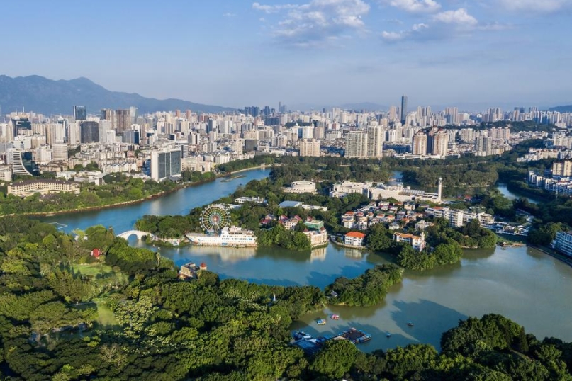 Vista aérea del 8 de julio de 2021 del parque Zuohai en Fuzhou, en la provincia suroriental china de Fujian. (Xinhua/Jiang Kehong)