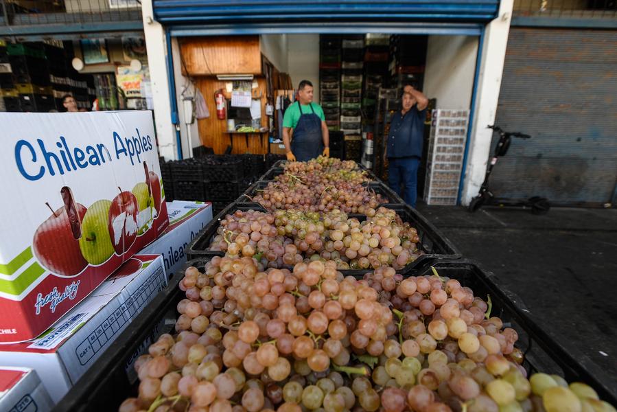 Imagen del 4 de abril de 2025 de cajas de manzanas y uvas exhibidas para su venta en el mercado La Vega Central, en Santiago, capital de Chile. (Xinhua/Jorge Villegas)