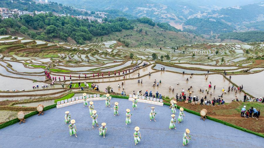 Esta panorámica aérea muestra una presentación durante un evento celebrado para marcar el inicio de la siembra de arroz en los campos en terrazas en la aldea de Jiayin, en el distrito de Honghe de la prefectura autónoma de las etnias yi y hani de Honghe, en la provincia sudoccidental china de Yunnan, el 2 de mayo de 2025. (Xinhua/Hu Chao)