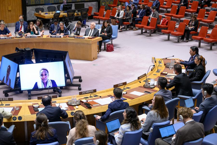 La subsecretaria general suplente de las Naciones Unidas para Coordinación de Asuntos Humanitarios y Ayuda de Emergencia, Joyce Msuya (en pantallas), informa al Consejo de Seguridad sobre la situación en Medio Oriente, incluida la cuestión palestina, en la sede de la ONU, en Nueva York, el 27 de agosto de 2025. (Xinhua/Loey Felipe) 