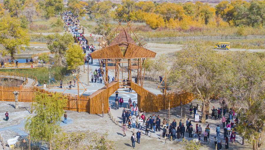 Esta foto, tomada con un dron el 18 de octubre de 2025, muestra a turistas visitando un lugar pintoresco en el distrito de Yuli de la prefectura autónoma mongola de Bayingolin, perteneciente a la región autónoma uygur de Xinjiang, en el noroeste de China. (Xinhua/Wang Zhipeng)