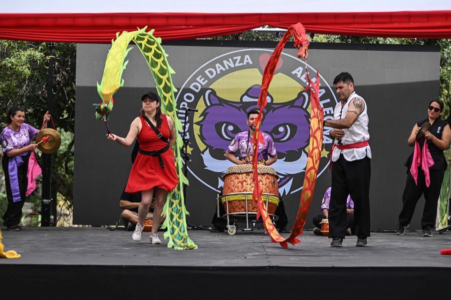 Imagen del 25 de enero de 2026 de personas realizando una presentación de danza del dragón en papel en el marco del Año Nuevo Lunar Chino 2026 en el parque O'Higgins, en Santiago, capital de Chile.  (Xinhua/Jorge Villegas)