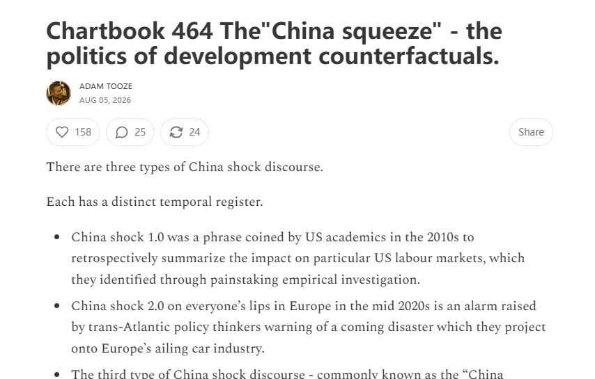 Una captura de pantalla de un artículo de Substack escrito por Adam Tooze, historiador de la Universidad de Columbia, que cuestiona la lógica de la narrativa del "China Squeeze".