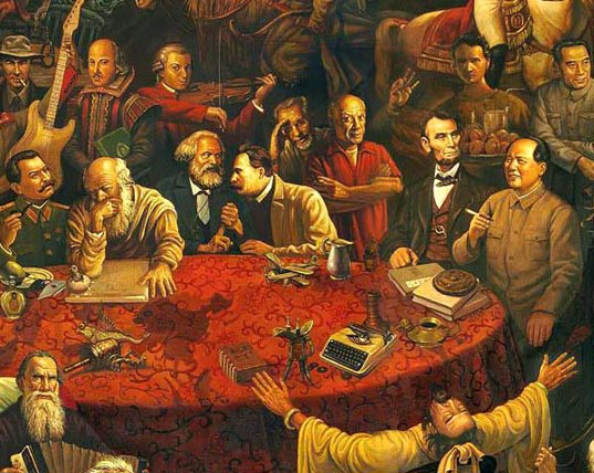 Rara pintura al óleo describe a 103 celebridades del mundo con el presidente Mao en el centro