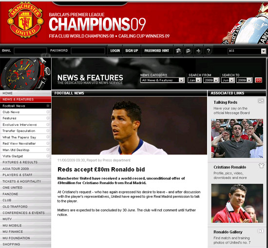 Ronaldo jugará en el Real Madrid, confirma la página web del  Manchester United