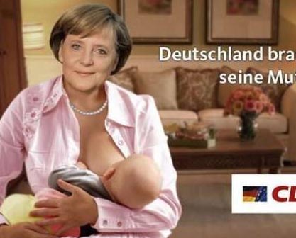 Alemania: En cartel por elecciones parlamentarias aparece escena que muesta a Merkel dando de mamar