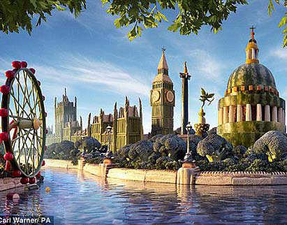 Fotógrafo esculpe panorama de Londres con frutas y verduras