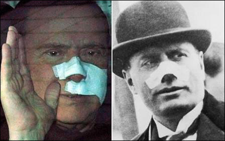 Las imágenes de Berlusconi y Mussolini, ambos con venda en la nariz